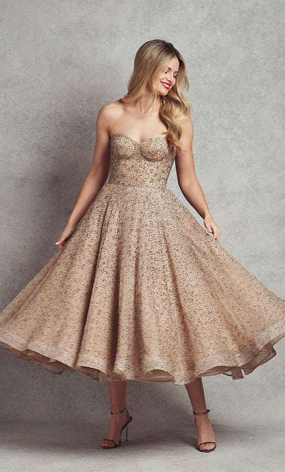 Angelina Cocktail Swing Dress | Nude/Mercury Gold |