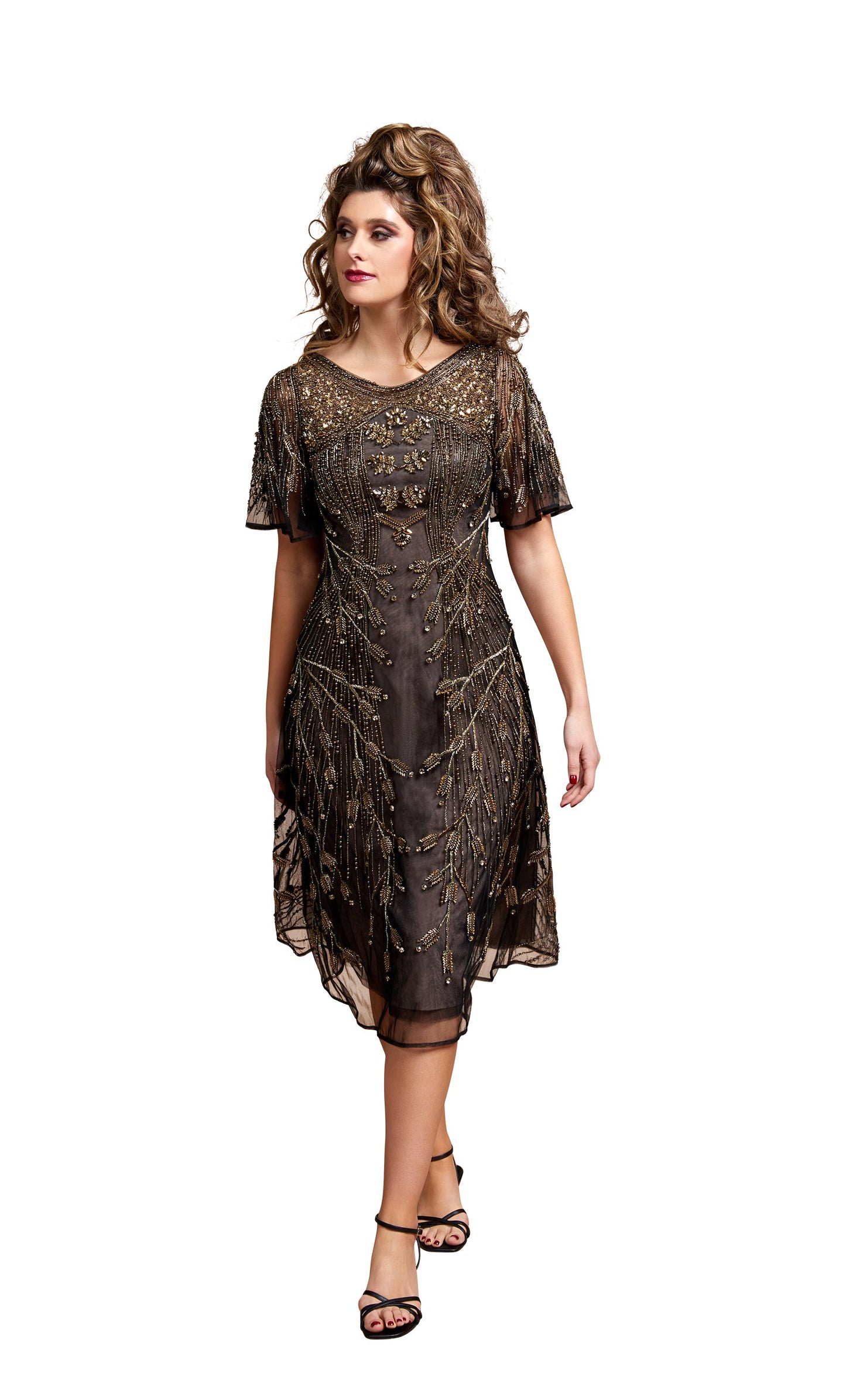 Gatsby Cocktail Bell Sleeves | Brown with Gold embroidery |