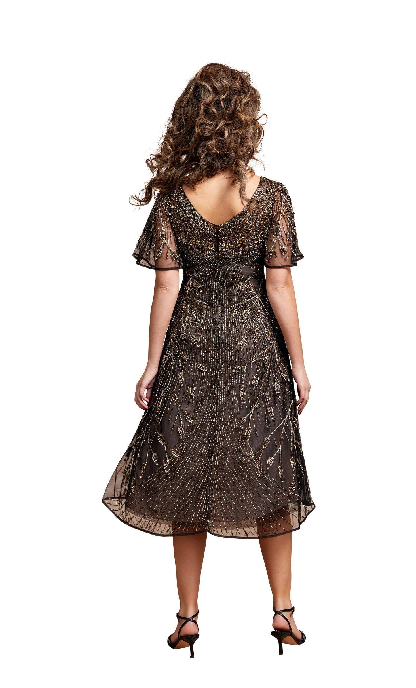 Gatsby Cocktail Bell Sleeves | Brown with Gold embroidery |