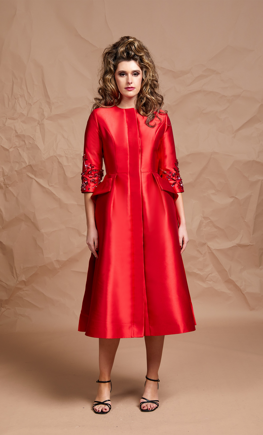 Jackie O Dress Coat | Fire Red Beading |