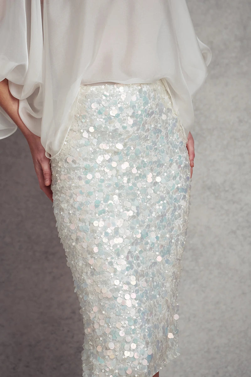 Take my Breath Away Cocktail Pencil Skirt | Iridescent White Sequins |