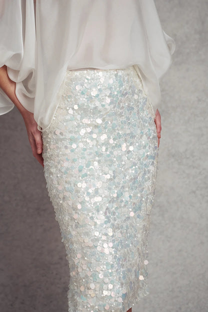 Take my Breath Away Cocktail Pencil Skirt | Iridescent White Sequins |