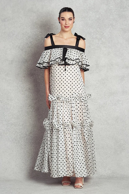 Happiness Dress | White with Black Polka Square Embroidery |