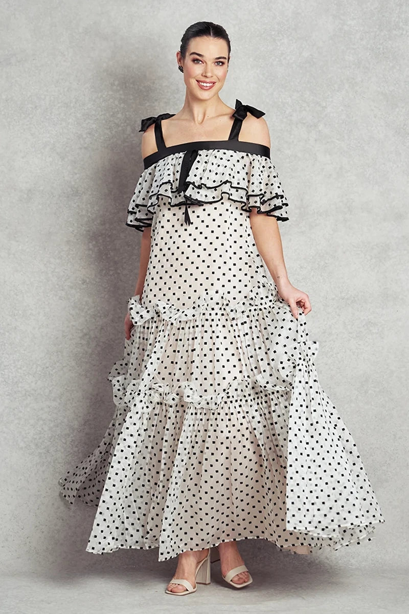 Happiness Dress | White with Black Polka Square Embroidery |