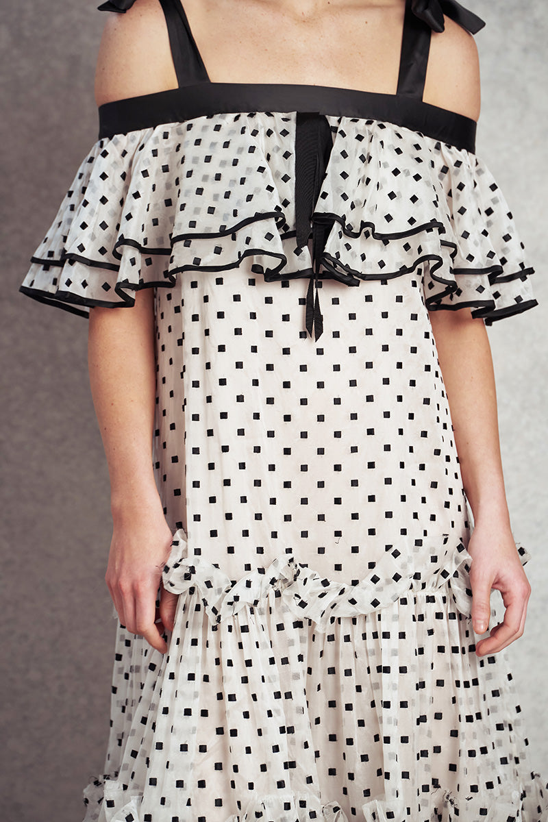 Happiness Dress | White with Black Polka Square Embroidery |