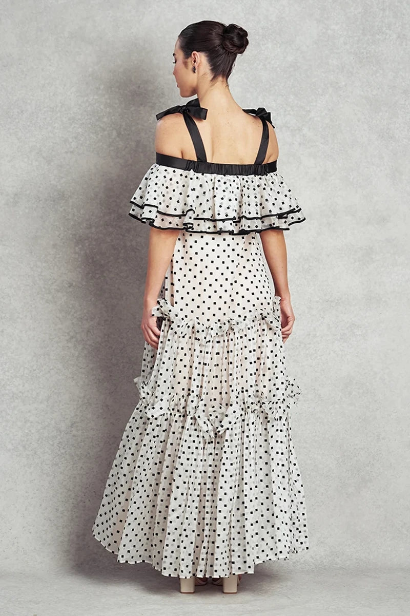 Happiness Dress | White with Black Polka Square Embroidery |