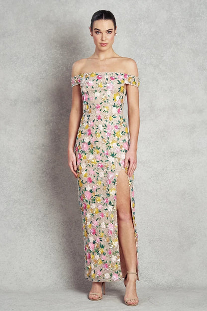 Chasing Sunset Gown | Nude with Floral Sequins |