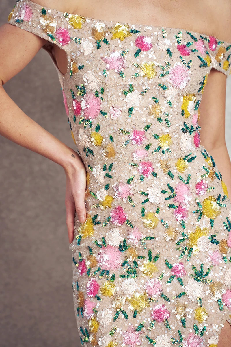 Chasing Sunset Gown | Nude with Floral Sequins |