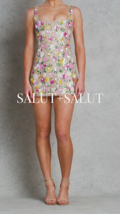 Delicate Wonder Mini Dress | Nude with Floral Sequins |