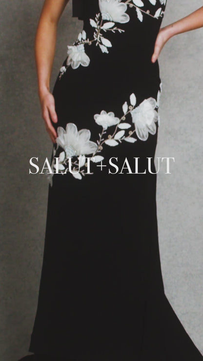 Elegance Gown | Black with White Floral beading |