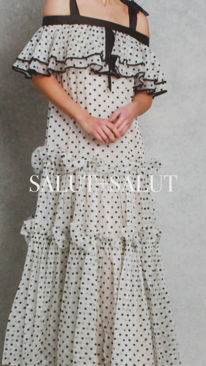 Happiness Dress | White with Black Polka Square Embroidery |